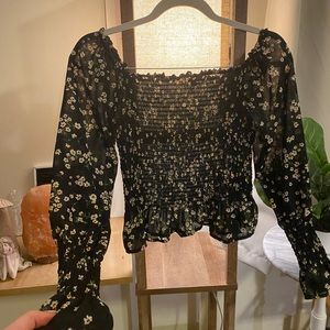 Black and yellow ditsy floral shirred top
